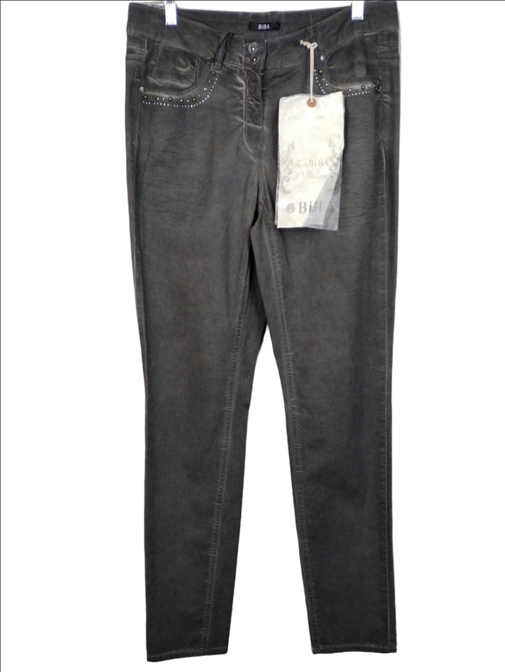 Biba Grey Faded Embellished Six Pocket Mid Rise Two Button Zip Straight Leg Jean